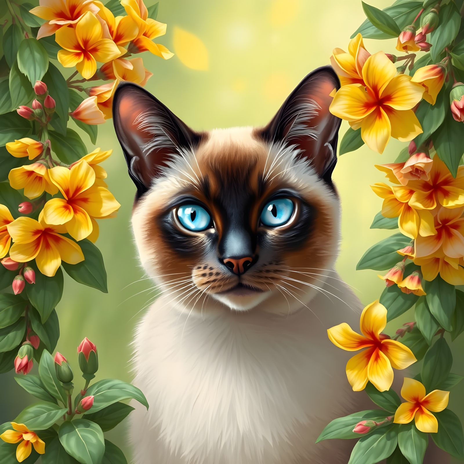 Blue-Eyed Siamese Cat with Cassia Flowers