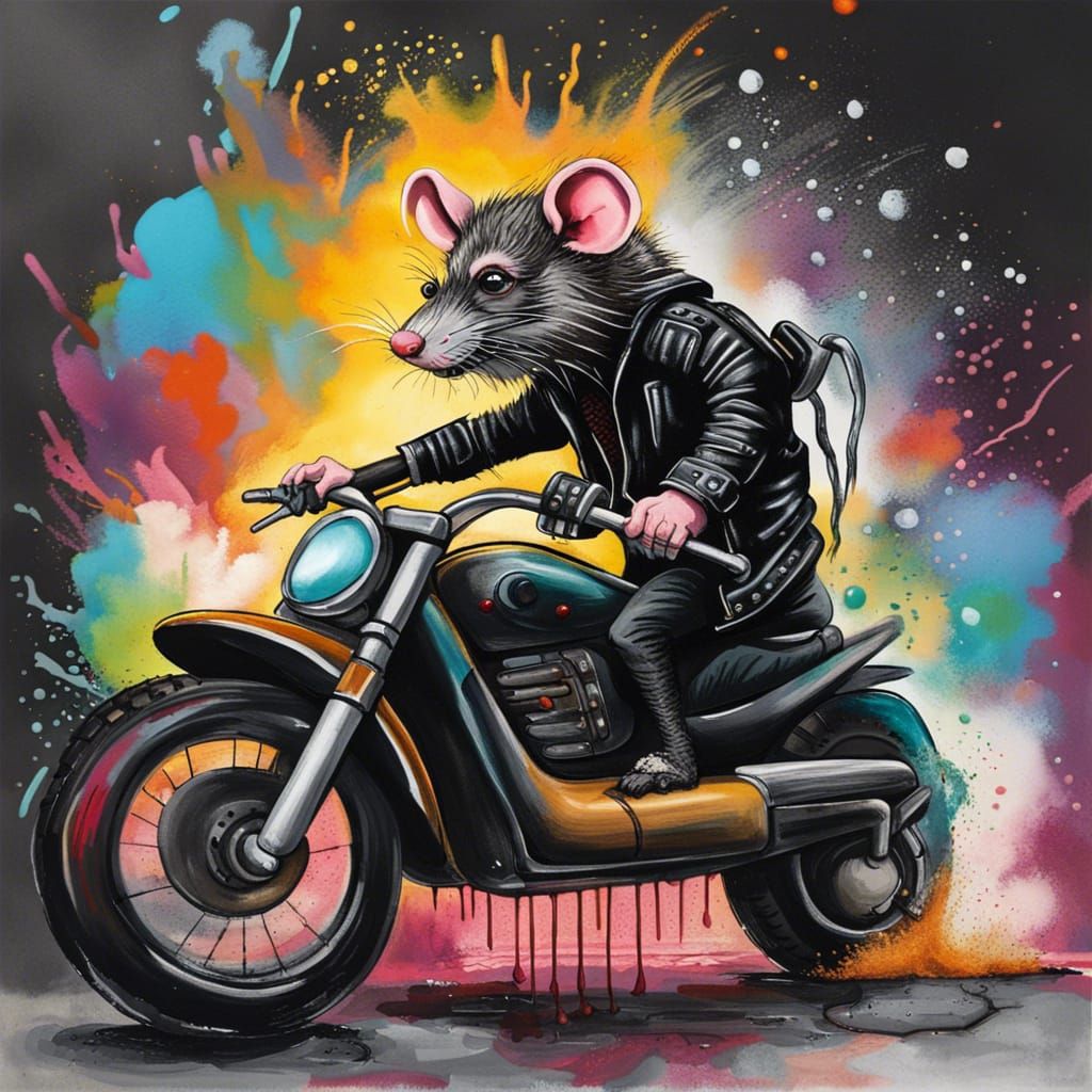 Anthropomorphic Rat Rides Motorcycle with Molotov Cocktail