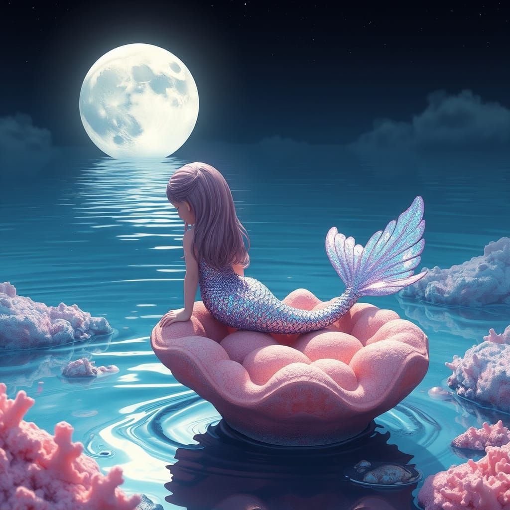 Ethereal Mermaid Under Moonlight in Watercolor Style