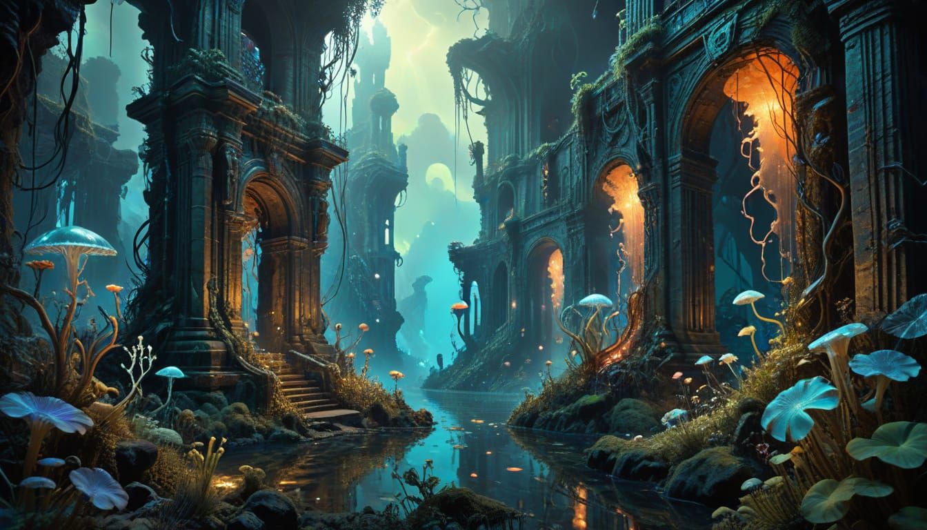 Bioluminescent Alien Jungle Ruins in Art Nouveau Style