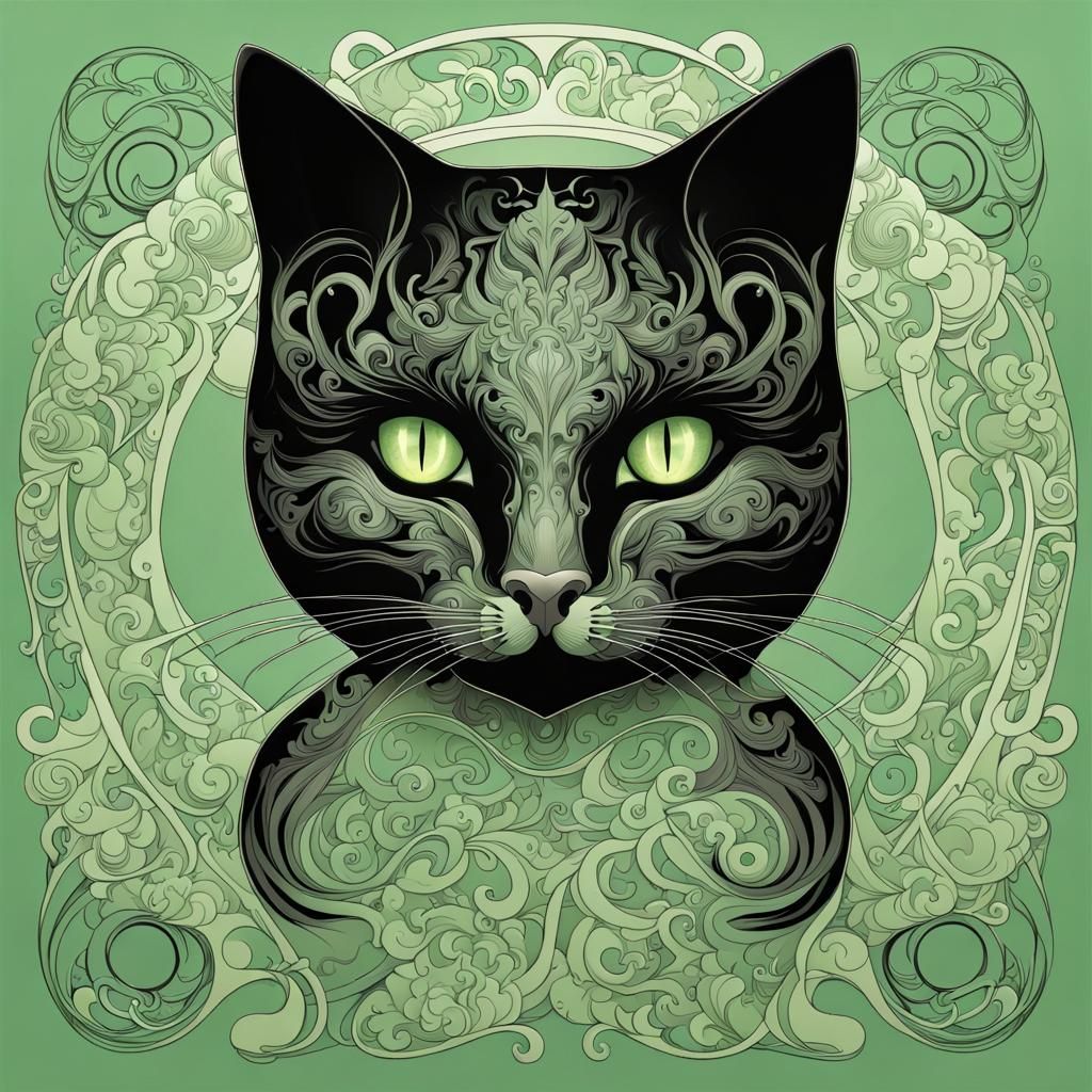 Black Cat with Green Eyes in Art Nouveau Style