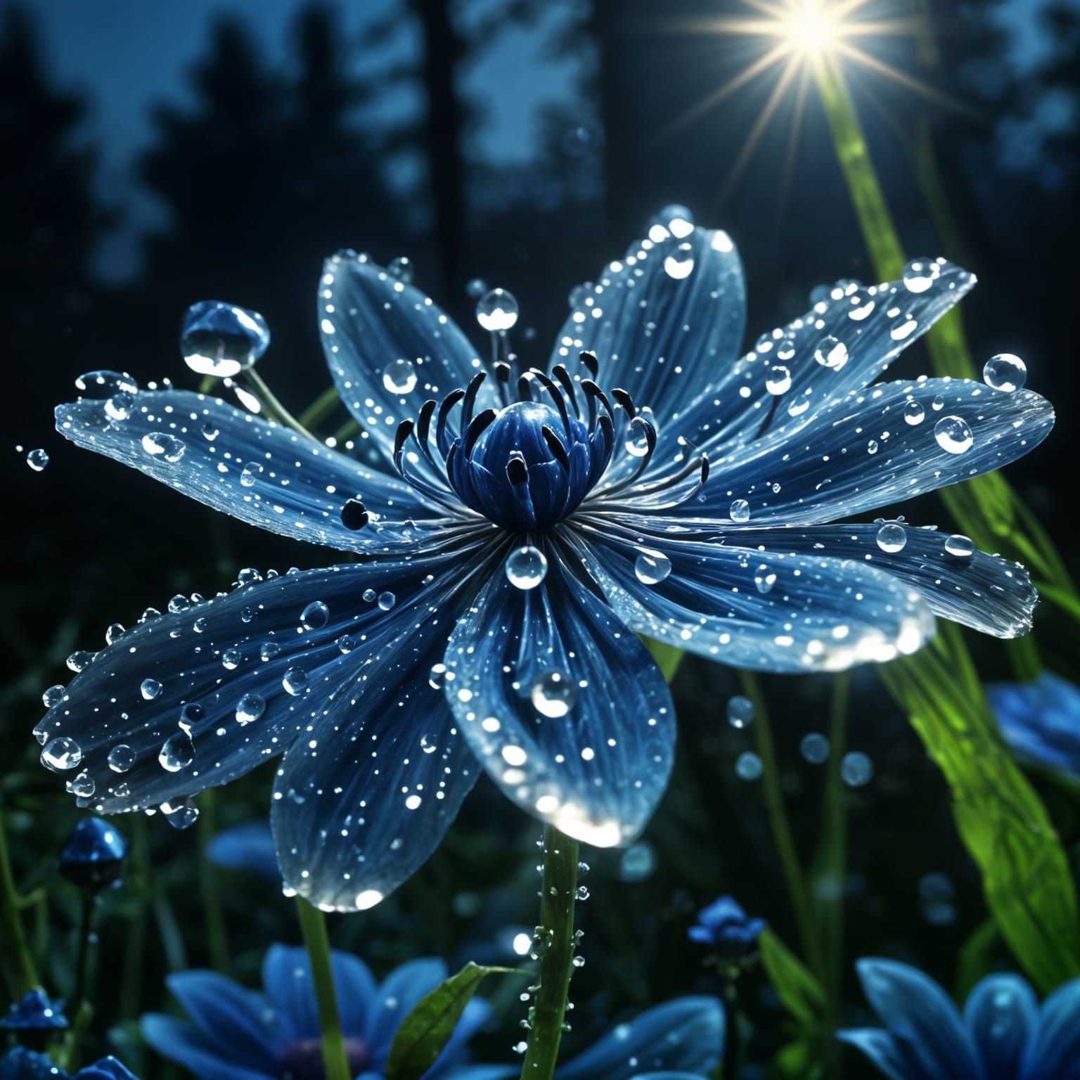 Luminescent Blue Fantasy Flower in Anime Style