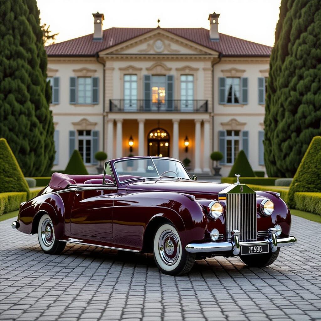 Vintage 1950s Burgundy Rolls-Royce at European Mansion