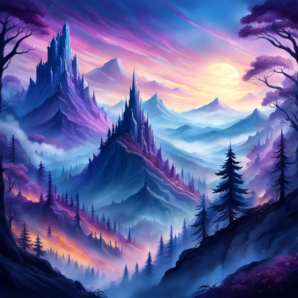 Majestic Blue Mountain in Mystical Forest: Fantasy Art