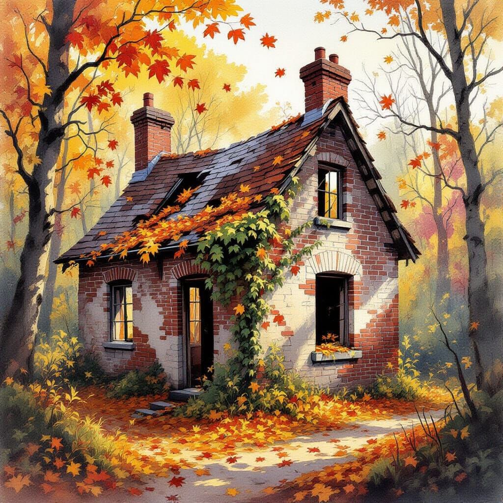 Autumn Ruins in Woods Watercolour Painting