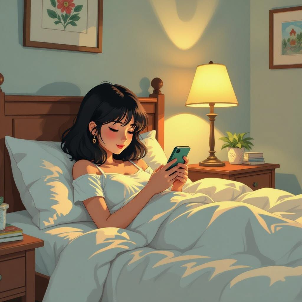 Woman Using Phone in Ghibli-Inspired Bedroom