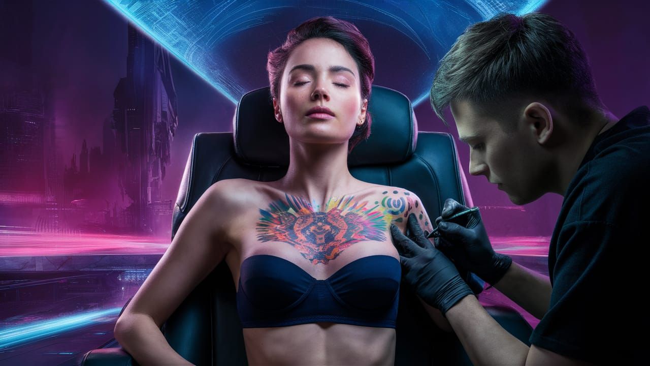 Cyberpunk Tattoo: Woman Getting Chest Tattoo