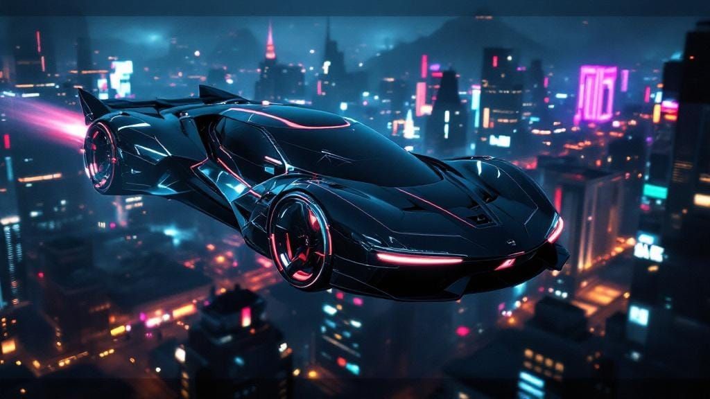 Sleek Car Hovers Above Cyberpunk Cityscape