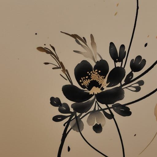 Ikebana Flower Arrangement in Japanese Ink Style