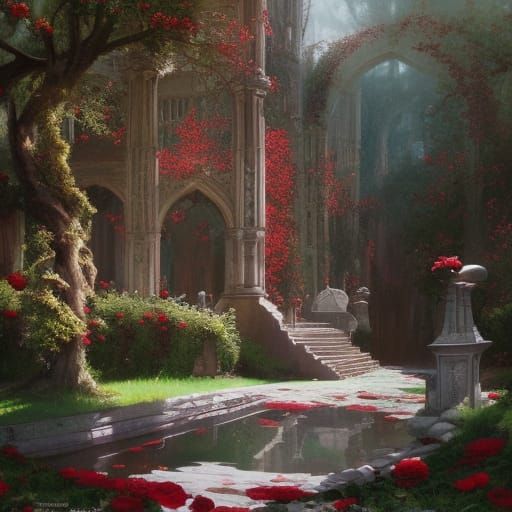 Gothic Victorian Garden with Red Roses, Digital Art