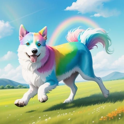 Whimsical Watercolor Rainbow Dog in a Sunny Meadow