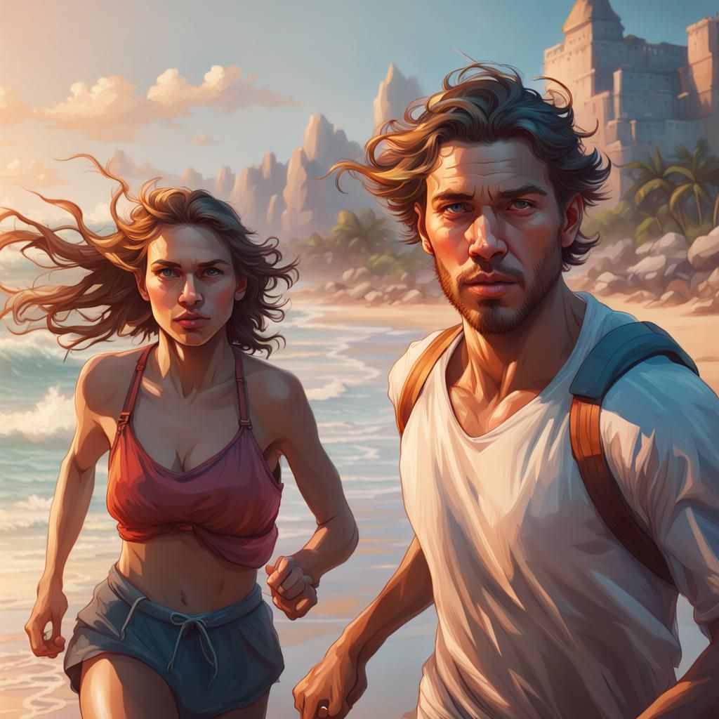 Young Couple Running on Beach: Hyperdetailed Art