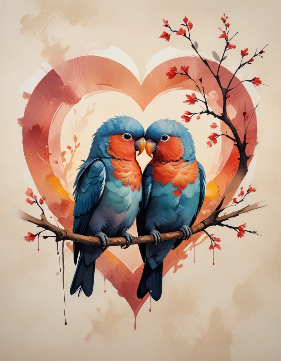 Lovebirds on Heart Branch at Sunset in Ink Wash Style
