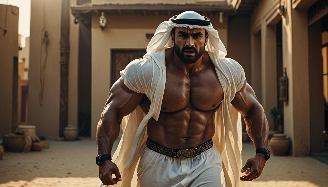 Emirati Bodybuilder in Ghutra: Cinematic Film Still