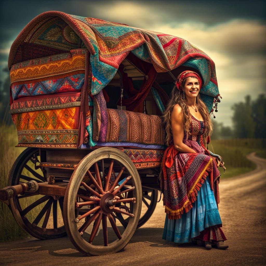 Brightly Colored Gypsy Wagon in Hyperrealistic Style
