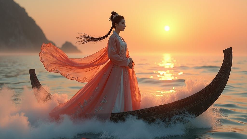 Korean Woman on Sea Bireme at Sunset in Dreamlike Style