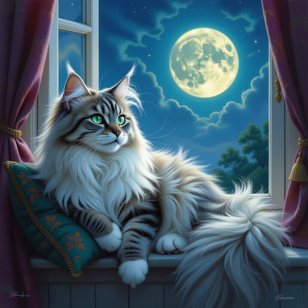 Majestic Silver Cat Lounging in Moonlight