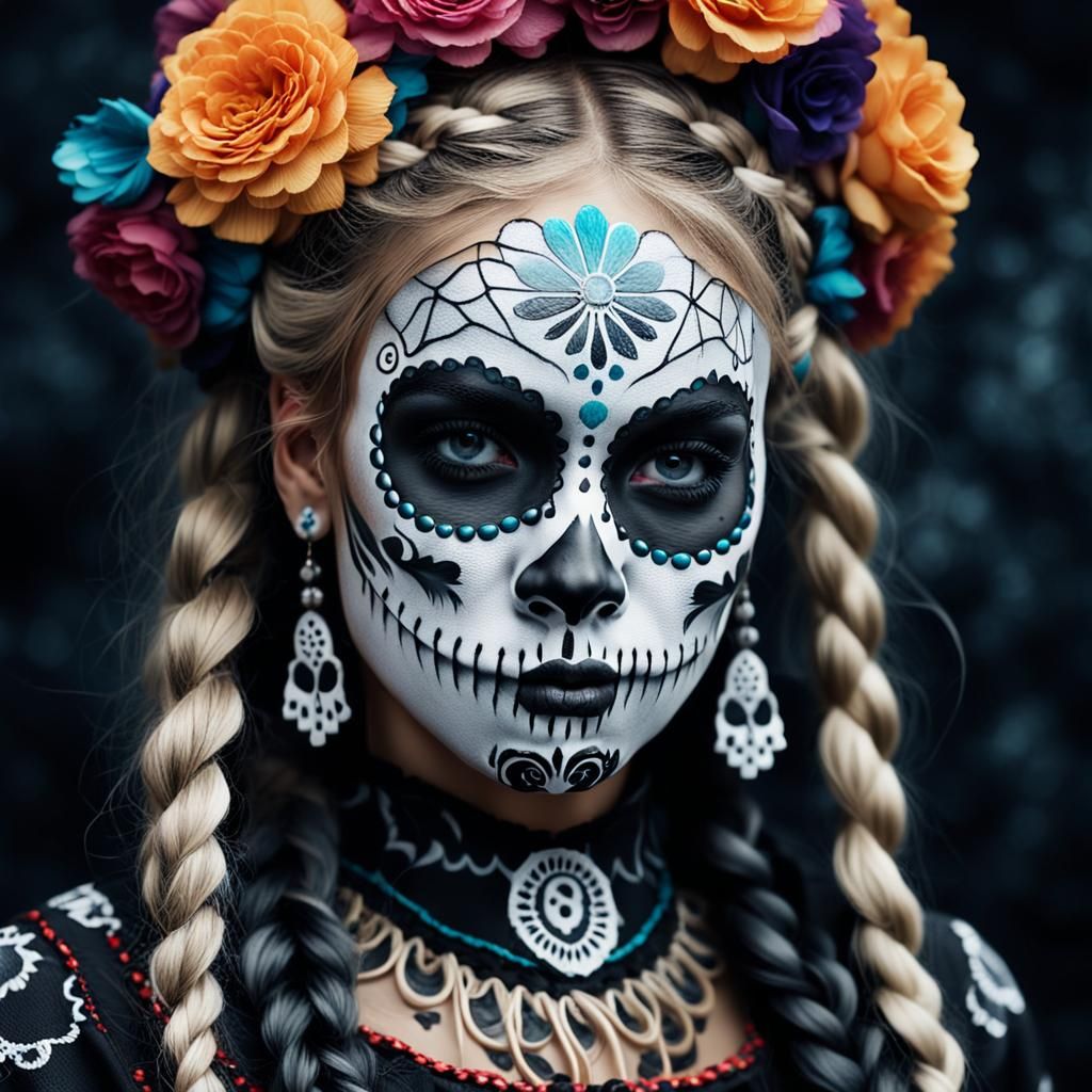 Catrina Girl with Sugar Skull Makeup as Fantasy Art