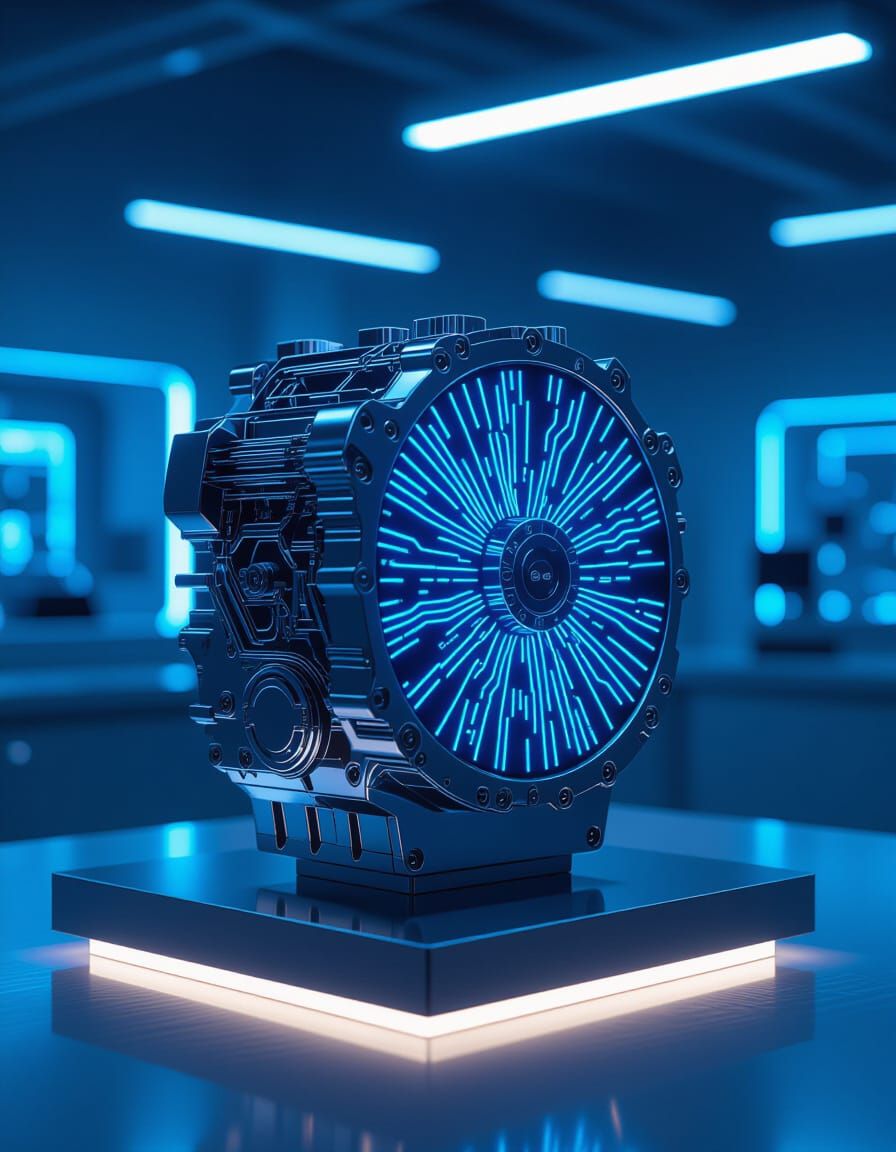 Futuristic Engine Block in High-Tech Lab