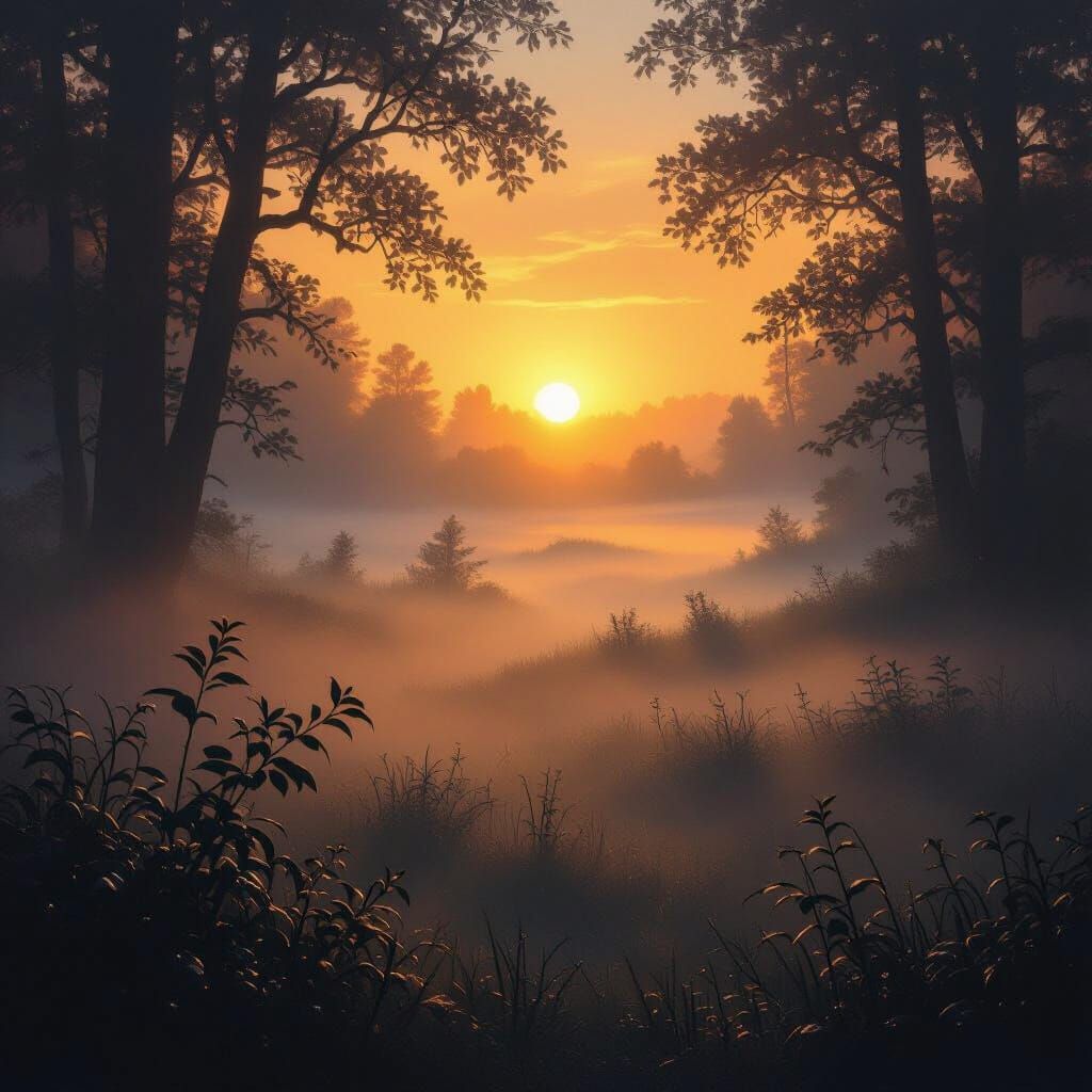 Misty Sunrise with Golden Light in Atmospheric Style