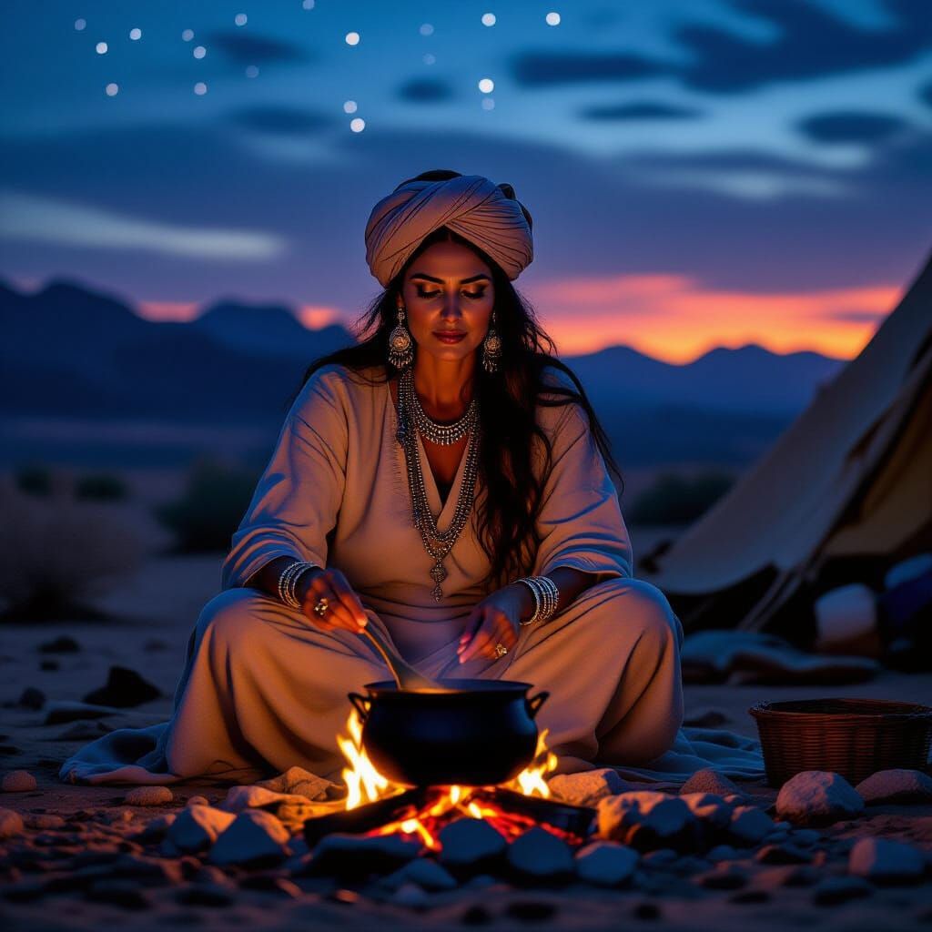 Desert Nomad Cooking at Campfire, Hyperrealistic Scene