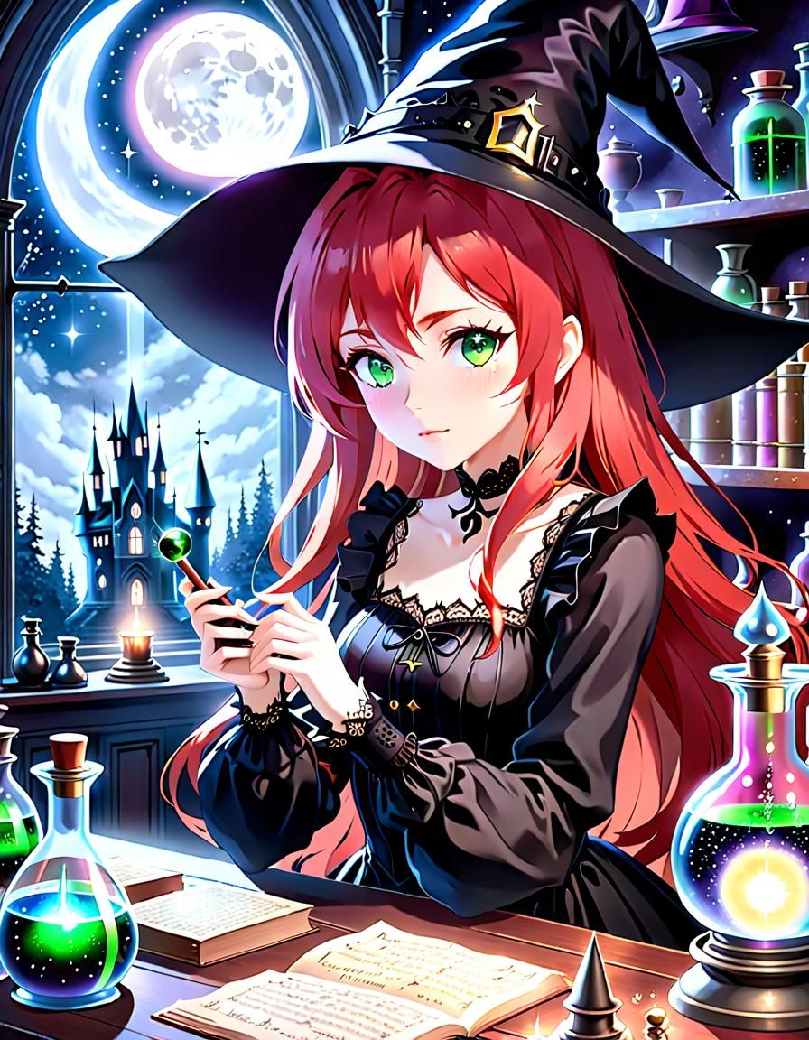 Anime Witch Making Potions in Moonlit Room