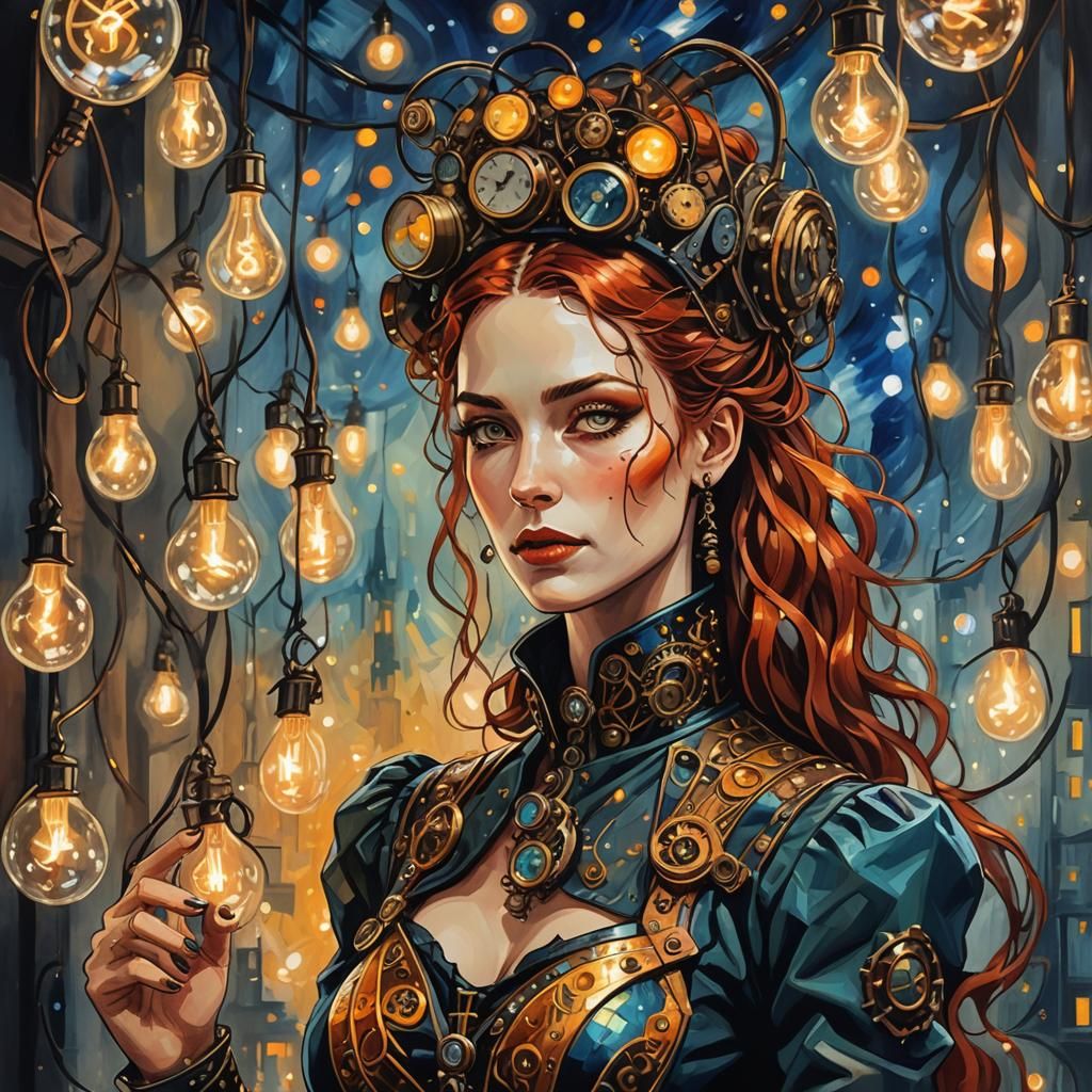 Steampunk Woman with Fairy Lights in Cubist Style