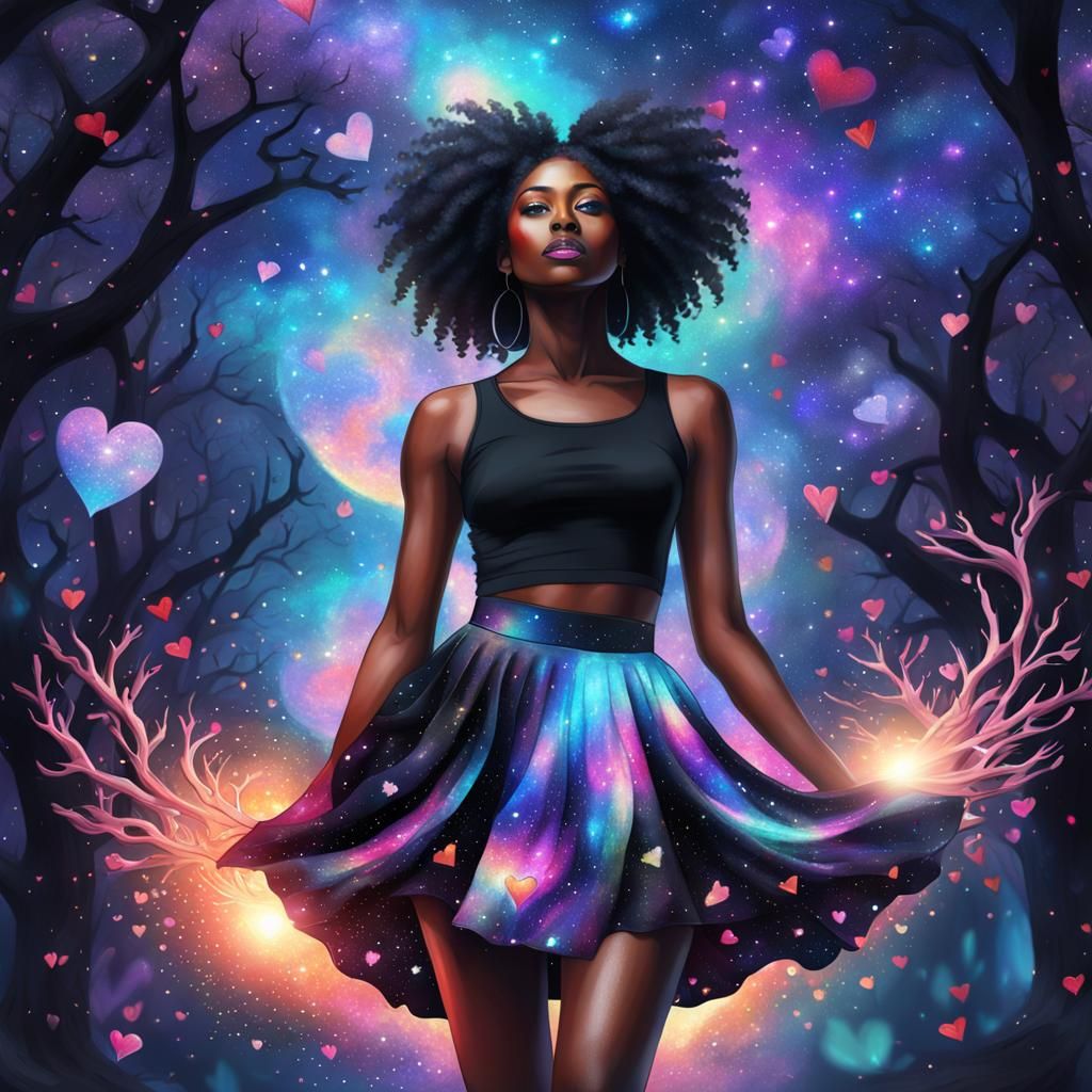 Cosmic Girl with Galaxy Skirt, Holographic Illustration