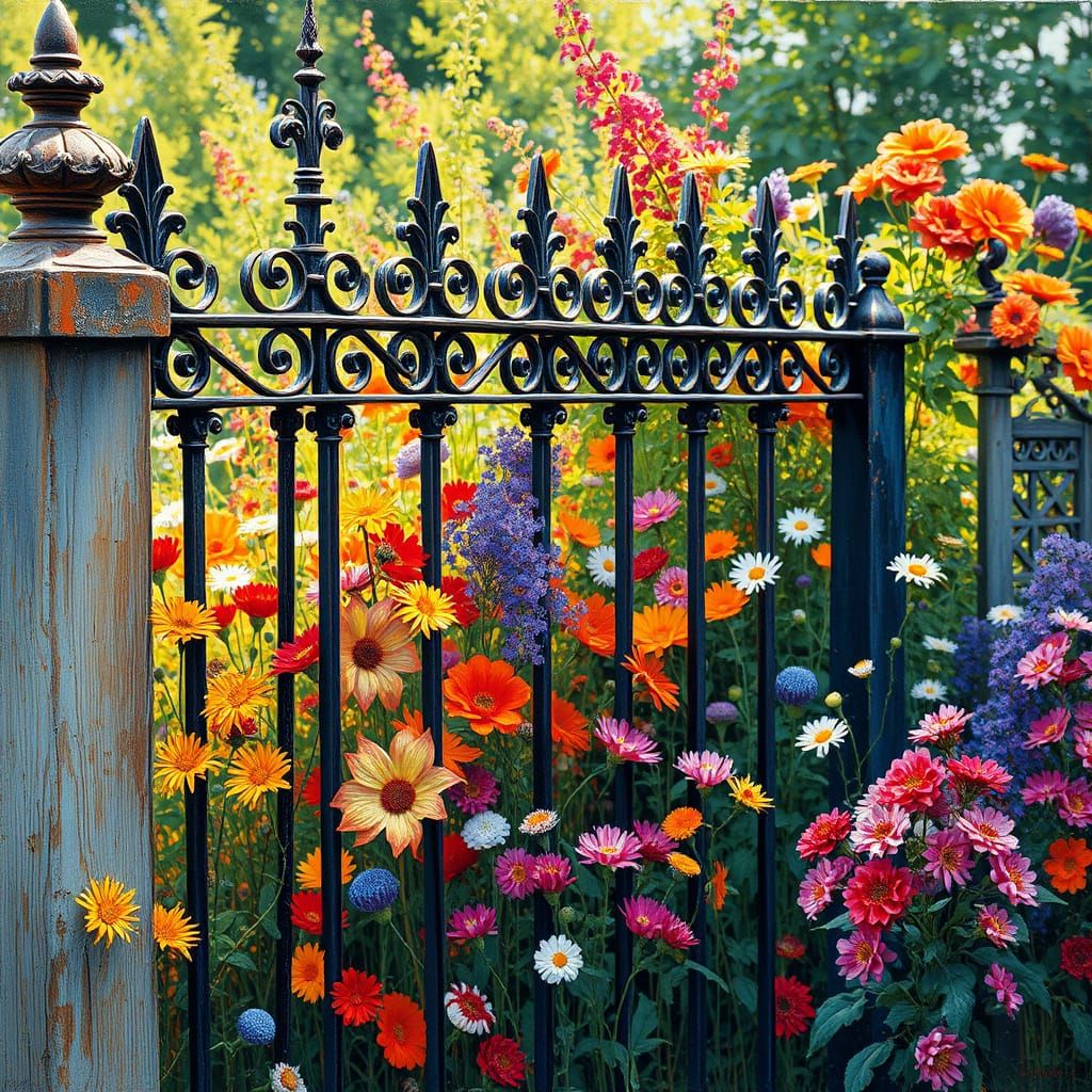 Wrought-Iron Fence With Vibrant Wildflowers in Old English G...