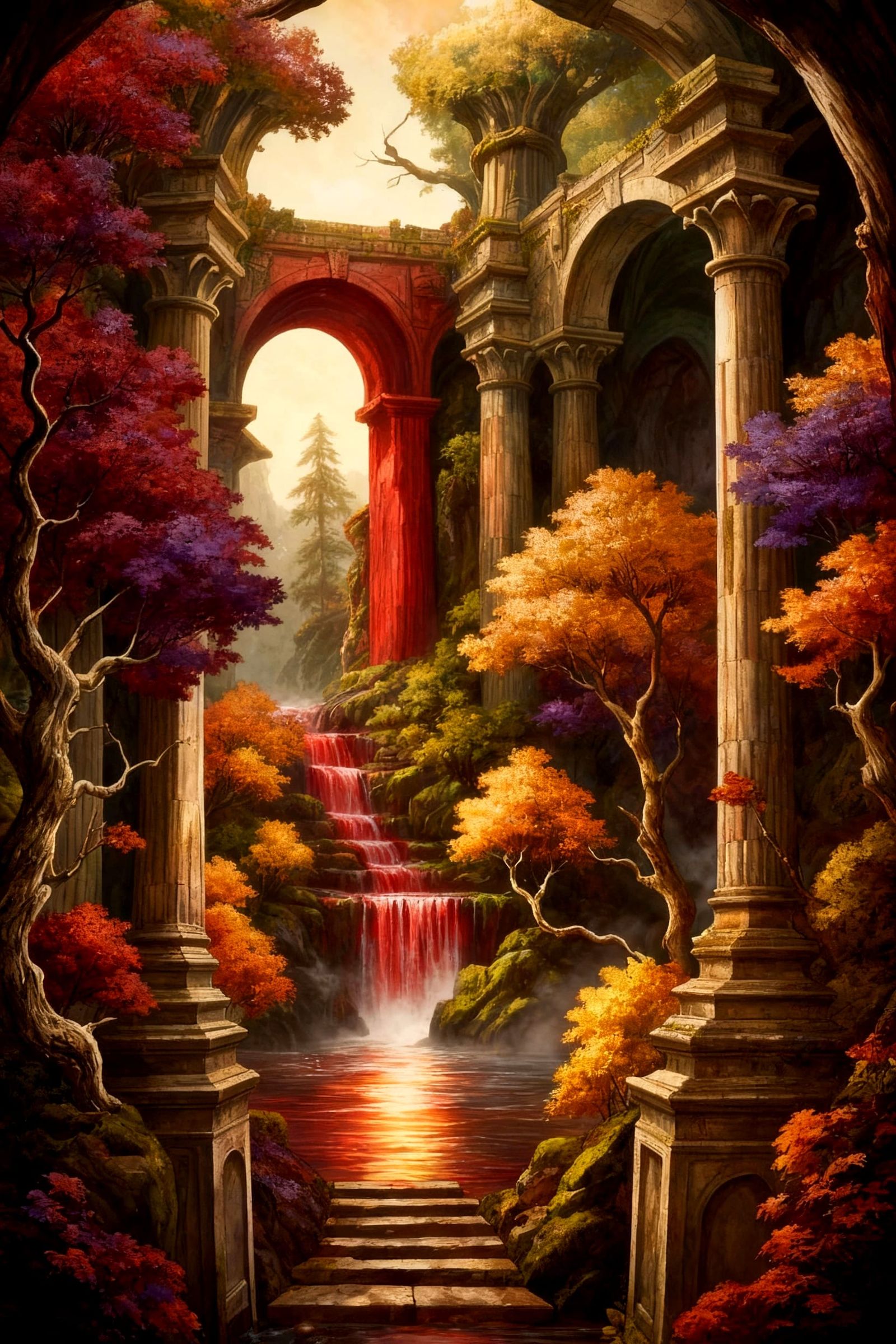 Crimson Waterfall Amidst Autumn Foliage in Moebius Style