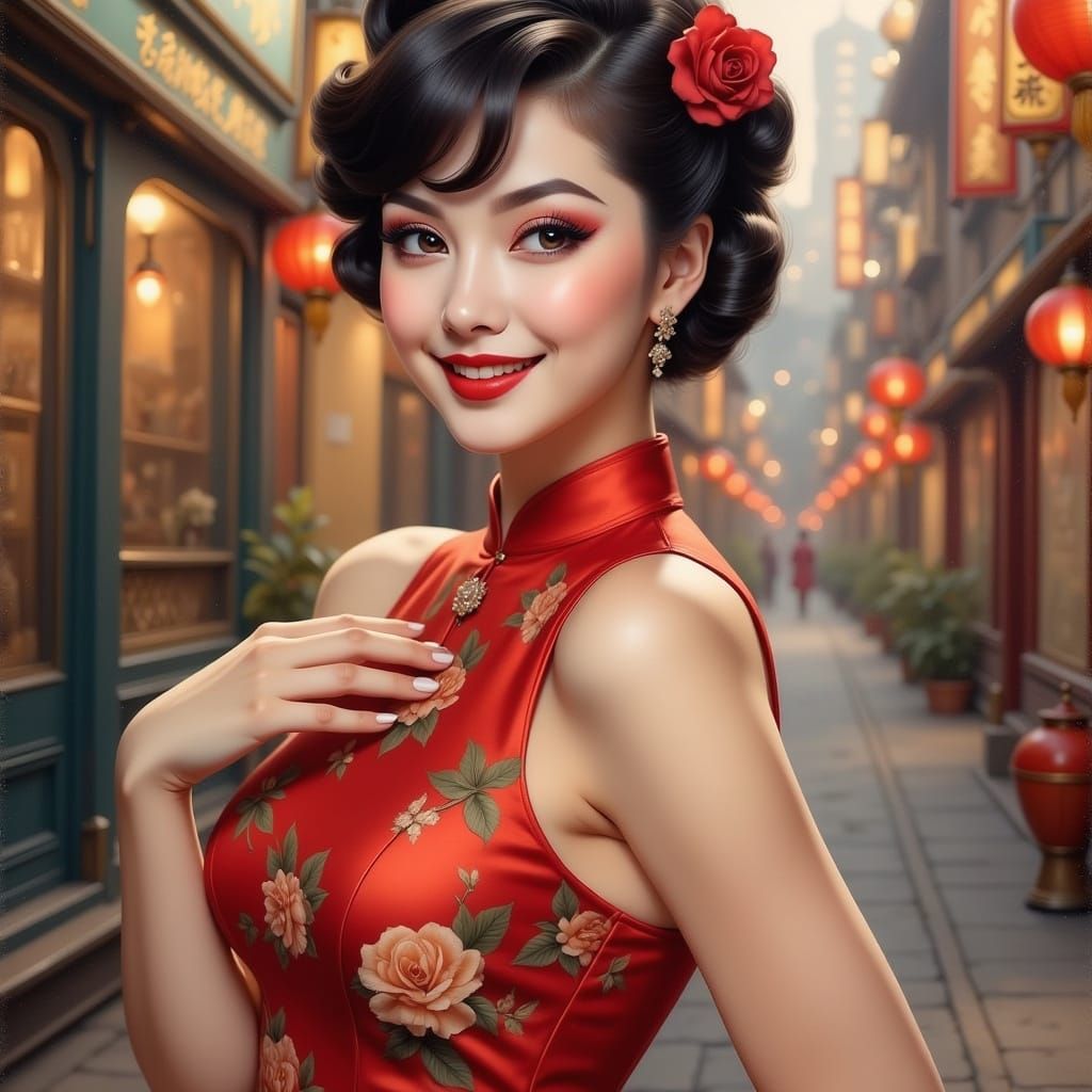 Vintage Chinese Pinup Woman in Elegant Cheongsam Dress