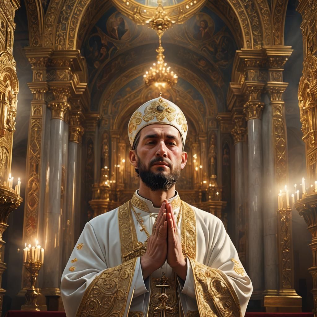 Orthodox Priest Praying in Ornate Church: Heavenly Realism