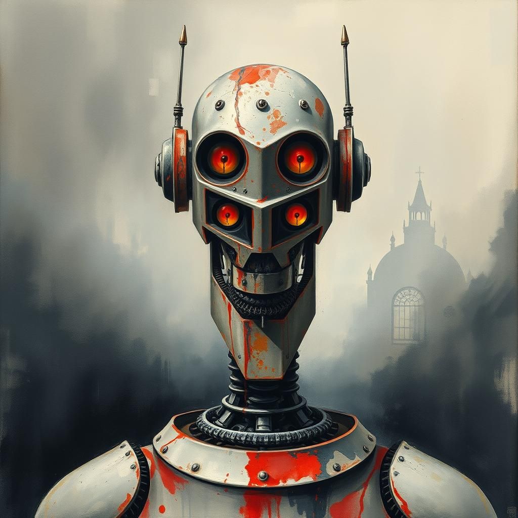 Surreal Robot in Gouache and Watercolor Style