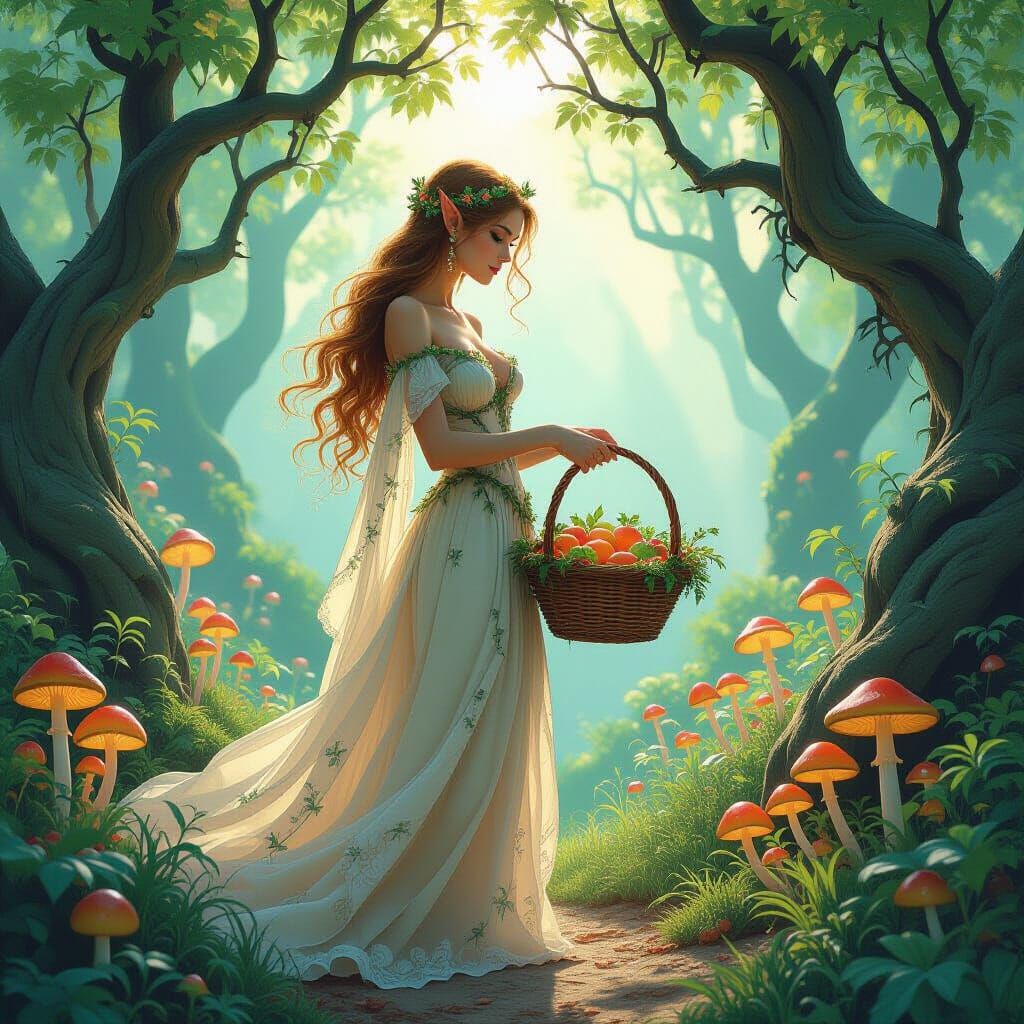 Elf Tending a Bioluminescent Garden in Art Nouveau