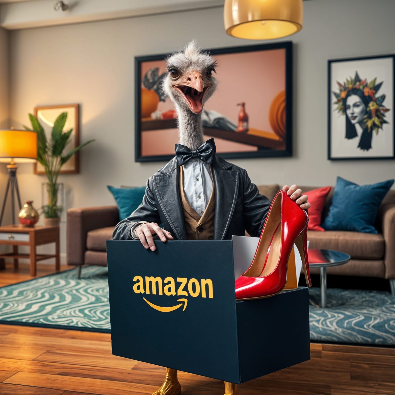 Lionel the Ostrich in Red Patent Leather High Heels