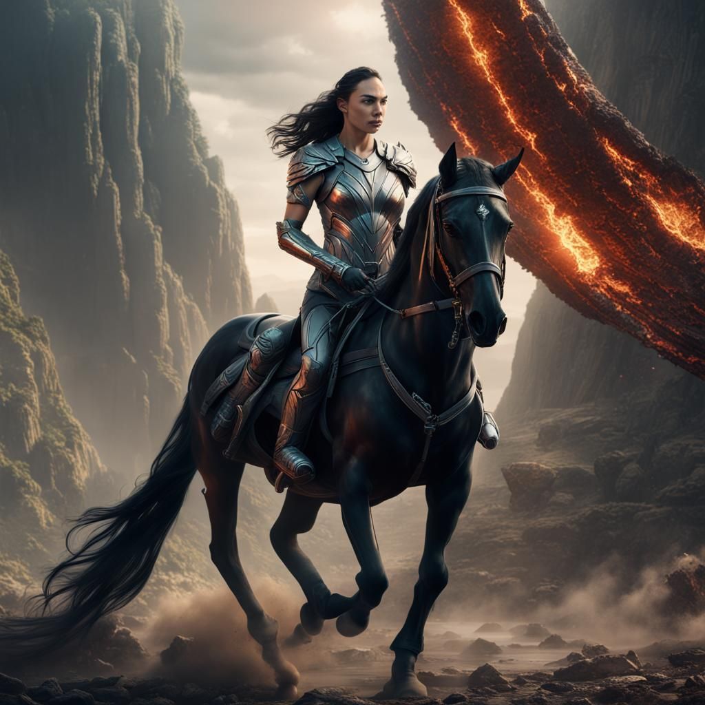 a warrior of the future on a black horse