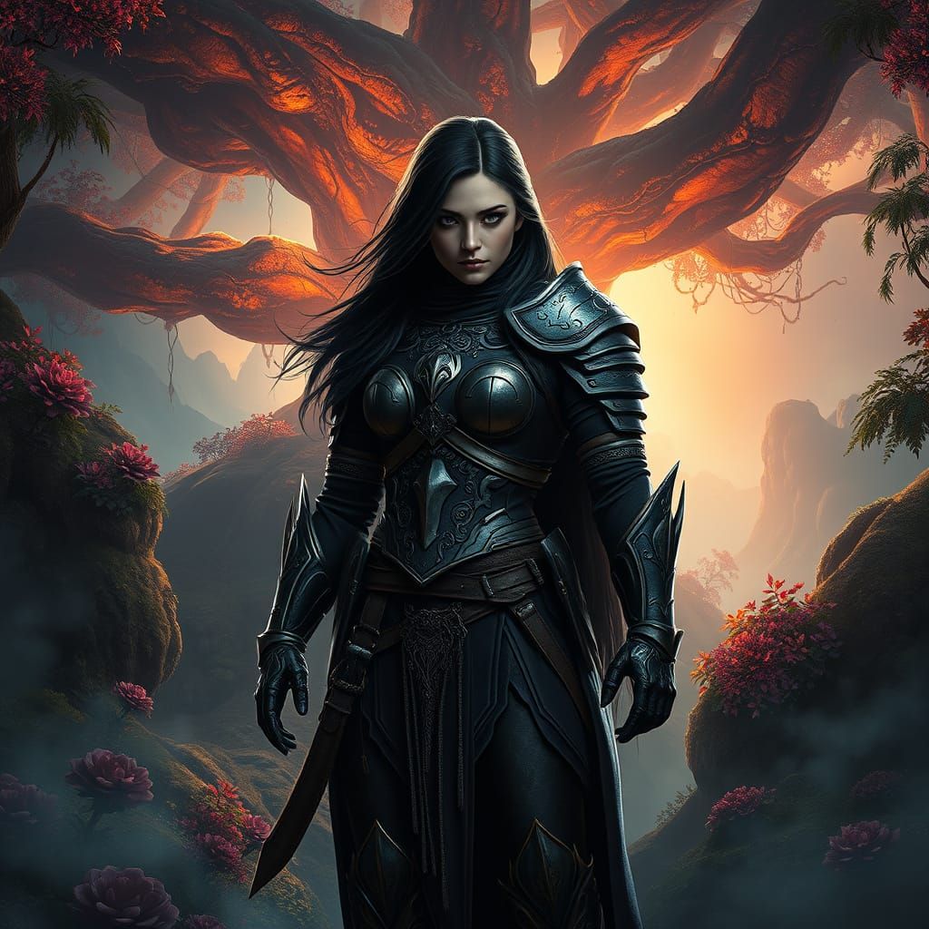 Ethereal Warrior Woman in Lush Fantasy Forest