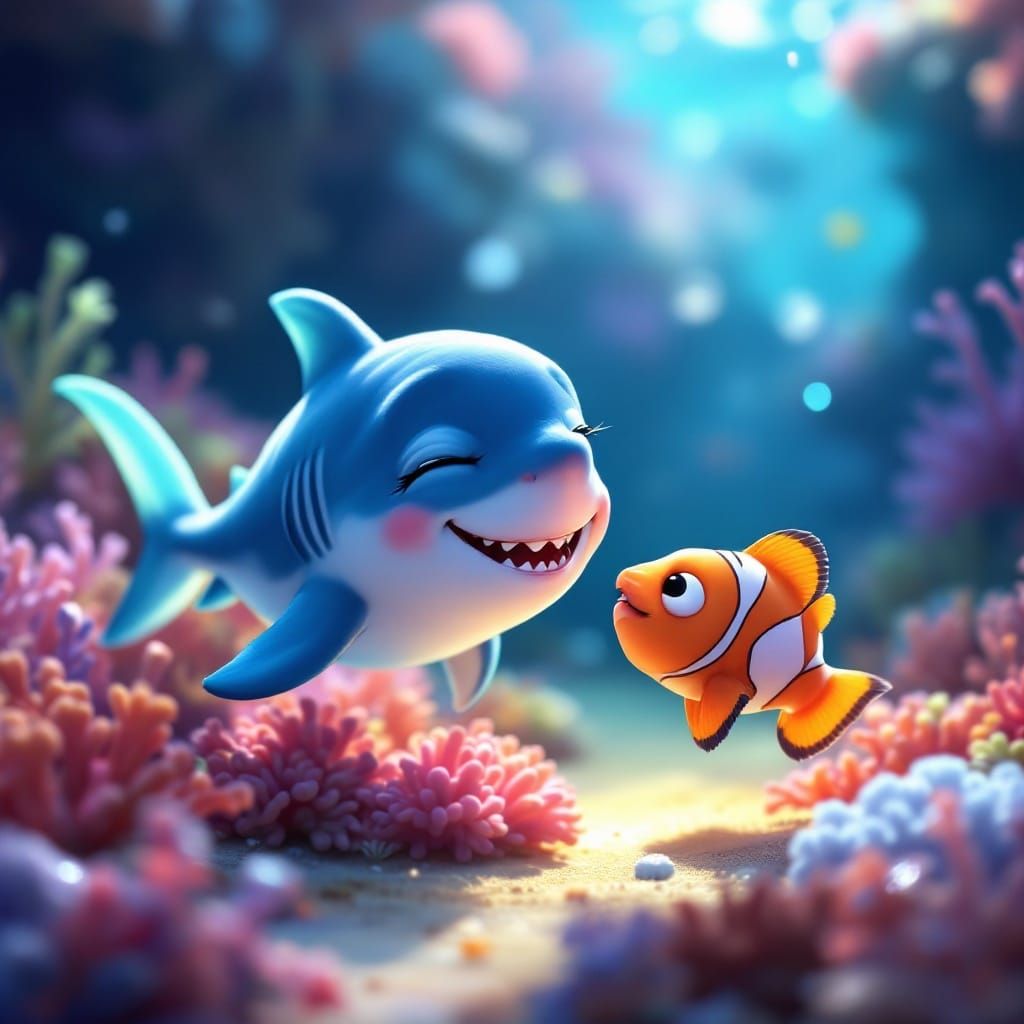 Sweet Shark Kisses Clownfish in Pastel Coral Reef