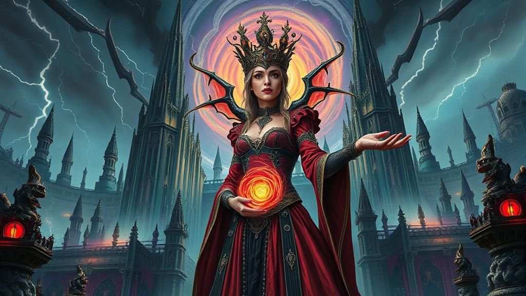 Gothic Sci-Fi Queen in Apocalyptic Cityscape