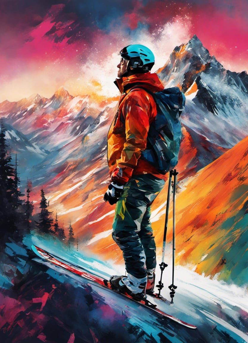 Skier's Sunset Dream: Mountain Range Double Exposure