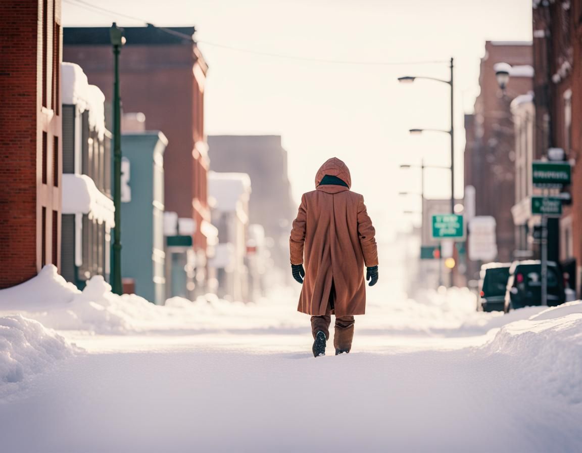 Martian Walks on Snowy Street in Photorealistic Style