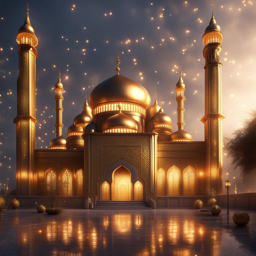 Golden Mosque Celebration: Hyperrealistic Artstation Image