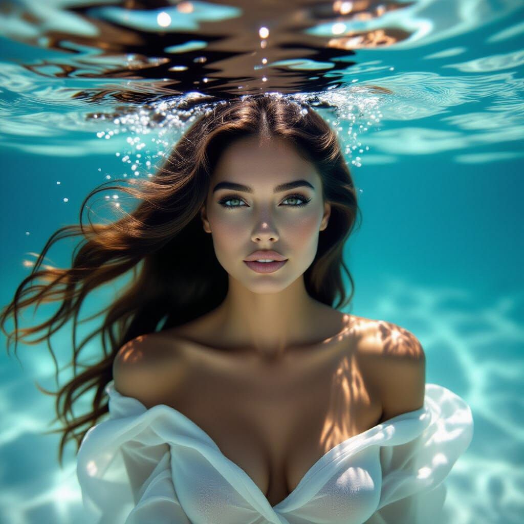 Photorealistic Underwater Portrait of Elegant Woman with Flo...