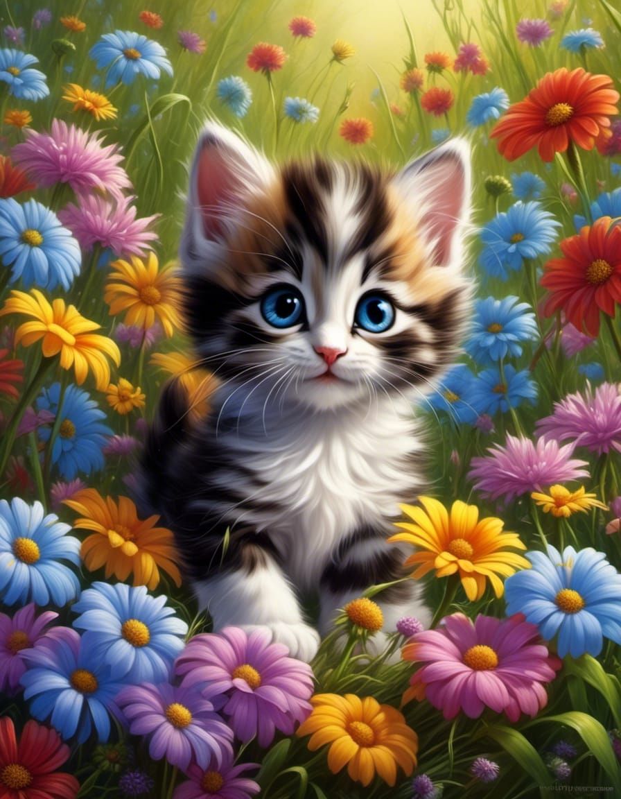 Striped Kitten Pouncing on Cricket in Flower Field