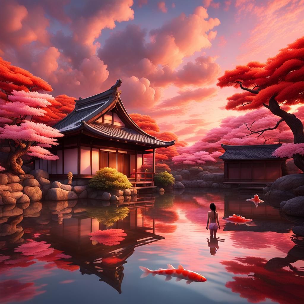 Girl Swimming with Koi Fish in Japanese Pond