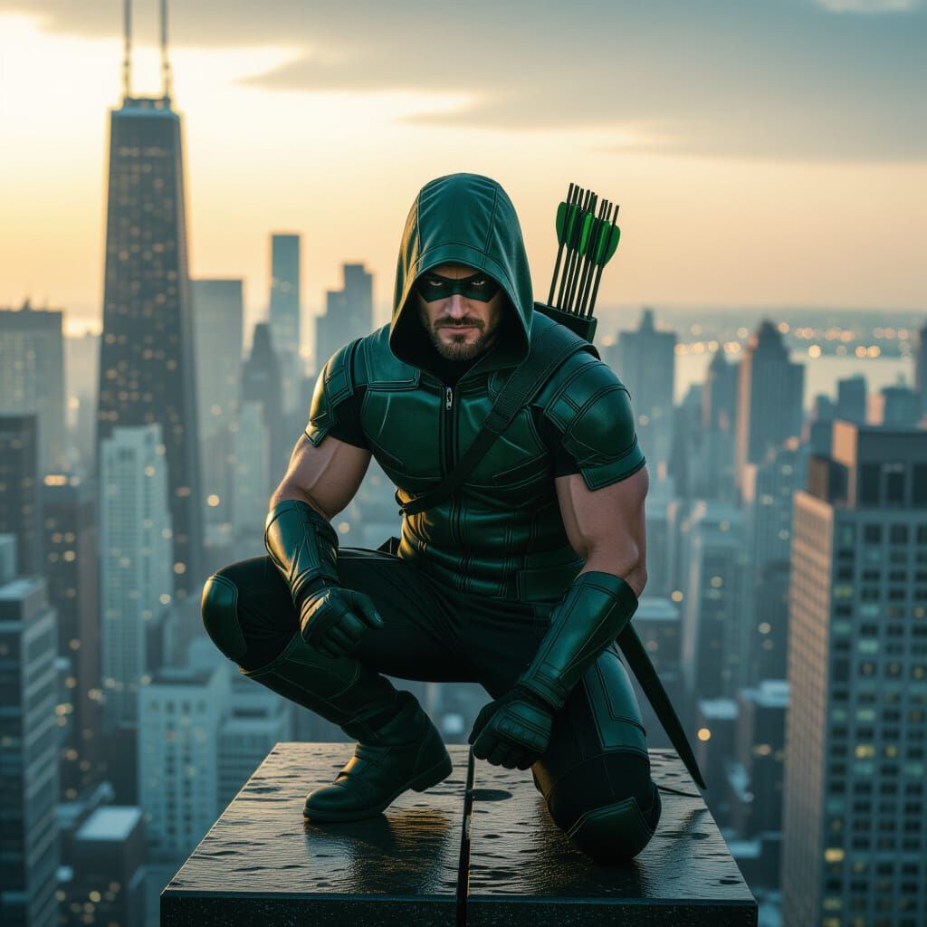 Green Arrow on Skyscraper in Cinematic Style