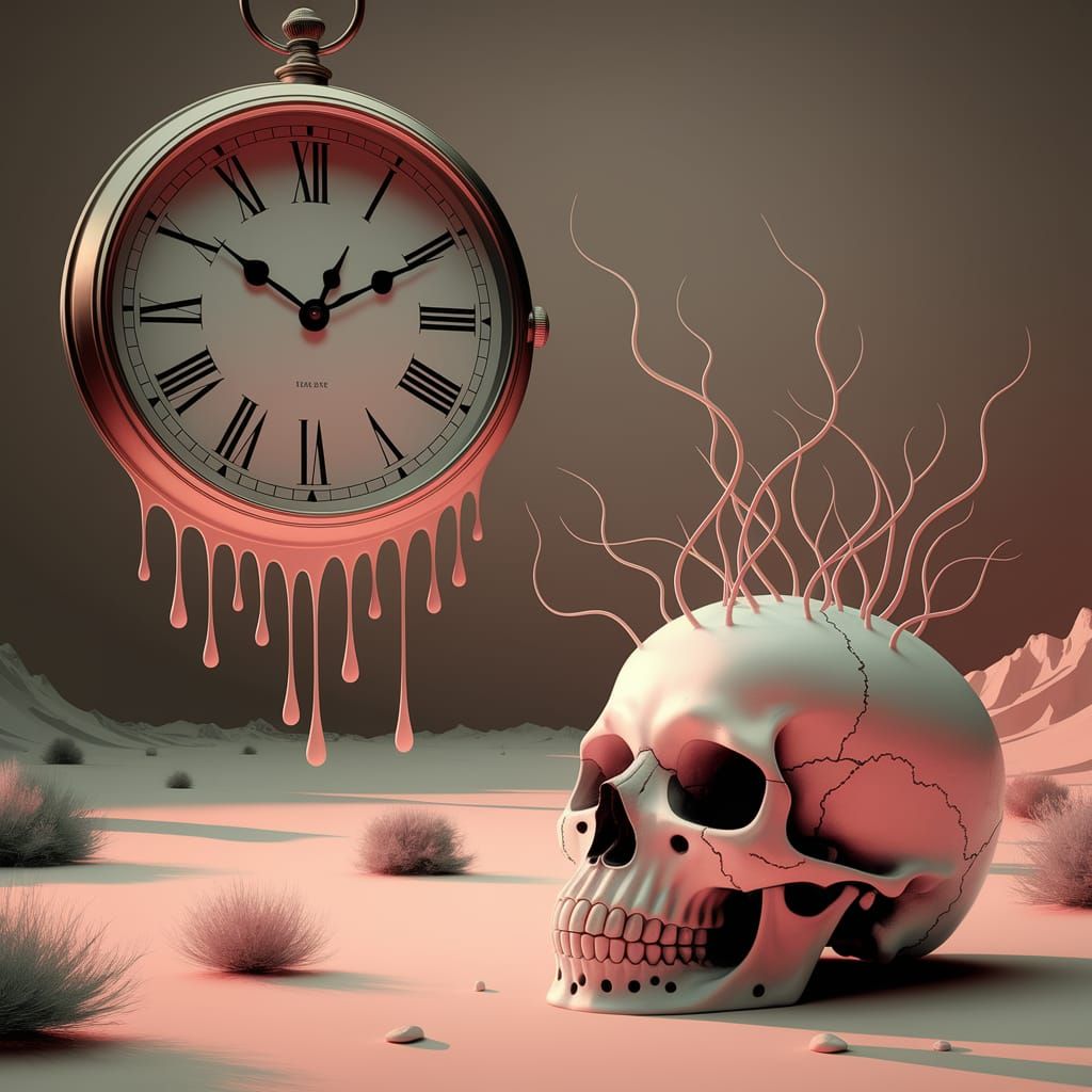 Ethereal Surrealist Landscape with Melting Clock and Skull