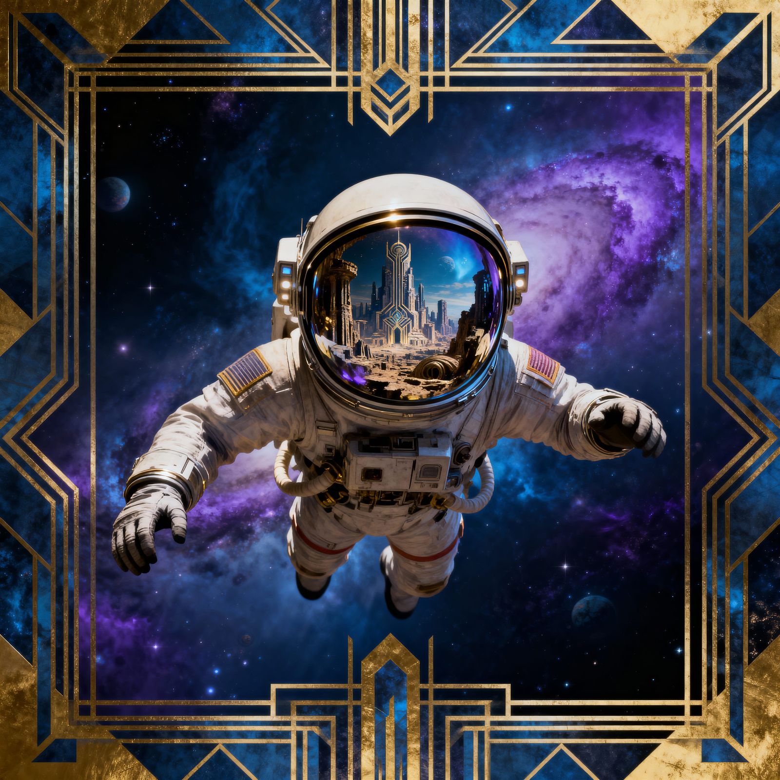 Astronaut Adrift in Cosmic Nebula, Alien City Reflection