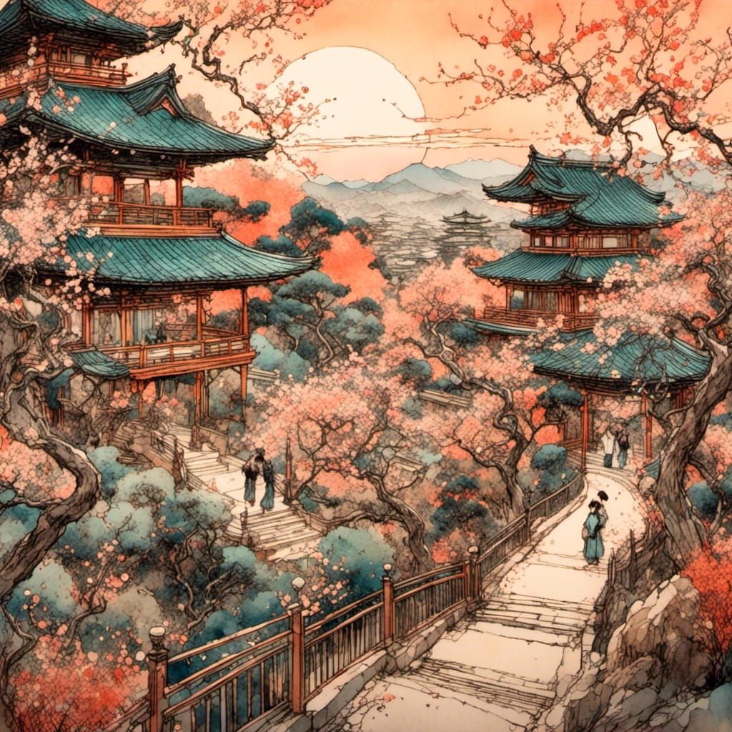 Ukiyo-e Tea Garden Scene with Cherry Blossoms