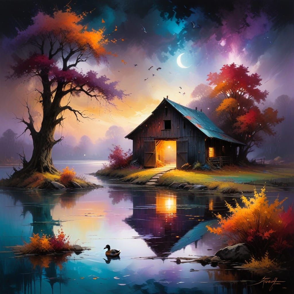 Autumn Barn Amidst Rocky Pond at Dusk